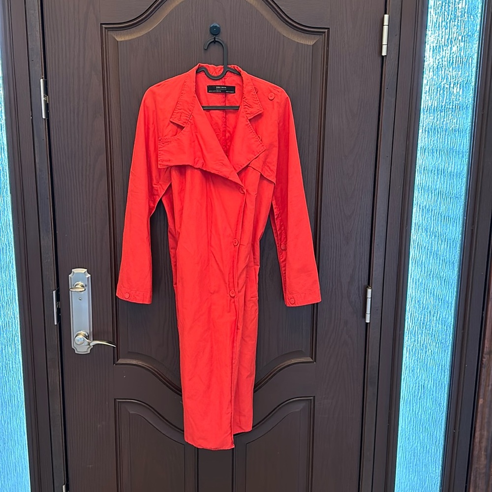 Zara Basic Red Trench Coat Lightweight Long Jacket XS-S Oversized Statement